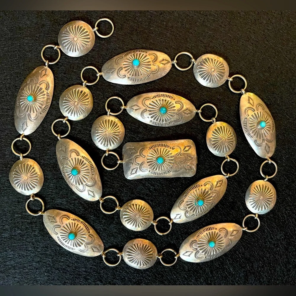 AUTHENTIC NATIVE AMERICAN STERLING SILVER AND TURQUOISE CONCHO BELT 🔥VINTAGE - Picture 1 of 11